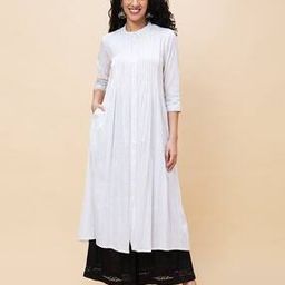 Band Collar Striped Thread Work Pleated A-Line Kurta-image-1