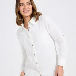 Women Oversized Fit Longline Shirt with Patch Pocket-image-40