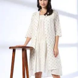 Women Polka Dot Print A-Line Dress with Shrug-image-63