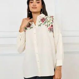 Women Embroidered Yoke Oversized Longline Shirt-image-61
