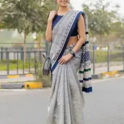 Women Block Print Saree with Contrast Border-image-49