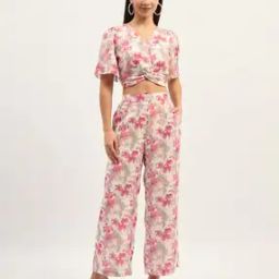 Women Floral Print Twist-Front Crop Top & Pants Co-Ord Set-image-65