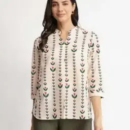 pink fort Women Floral Print Slim Fit Top with Mandarin Collar-picture-1