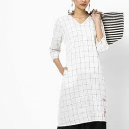 Checked Straight Kurta with Side Slant Pockets-image-60