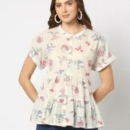 Women Floral Print Regular Fit Gathered Top-image-1