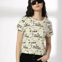 rio for trends select Women All-Over Typographic Print Crop Fit Round-Neck T-Shirt-picture-25