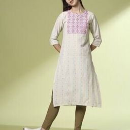 Women Geometric Woven Round-Neck Straight Kurta-image-10