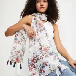 Women Floral Print Scarf with Tassels-image-7