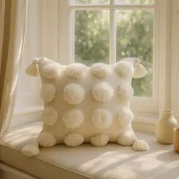 Handwoven Cotton Cushion with Pom Pom Trim-image-34