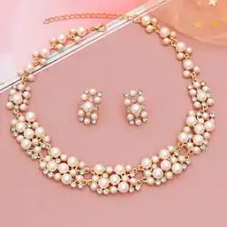 Rose Gold-Plated Pearl Necklace & Earrings Set-image-4