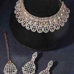 Women Rose Gold-Plated Stone-Studded Necklace & Earrings with Mangtika-image-30