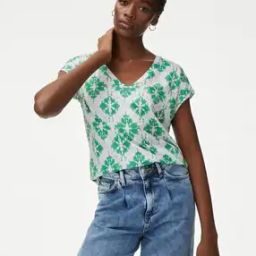 Cotton Rich V-Neck Printed Longline T-Shirt-image-42