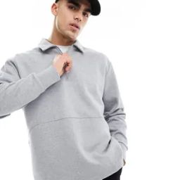 Men Heavyweight Oversized Quarter Zip Polo Sweatshirt-image-20
