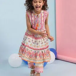 Girls Floral Print Tiered Kurta with Pants-image-29