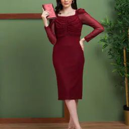 Women Square Neck Long Puff Sleeves Smocked Bodycon Party Dress-image-6
