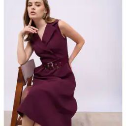 Women Double Breasted Blazer Belted A-Line Midi Dress-42