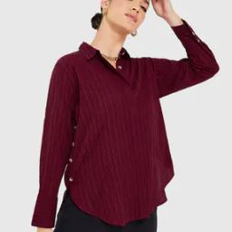 Women High-Low Hem Button Detail Crepe Shirt-image-47