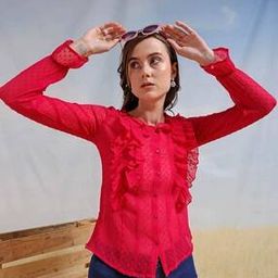 Women Swiss-Dot Regular Fit Ruffled Top-9