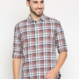 Basics Men Orange & Grey Pure Cotton Slim Fit Tartan Checked Casual Shirt-18