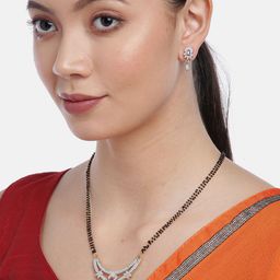 YouBella Black & Magenta Gold-Plated Stone-Studded & Beaded Mangalsutra with Earrings-0