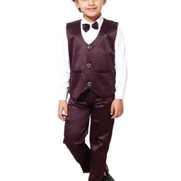 FOURFOLDS Boys Maroon & White Single-Breasted 3 Piece Suit-picture-49