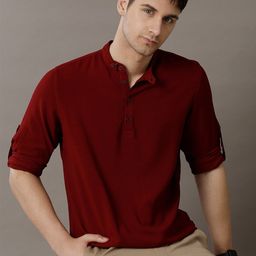 IDENTITI Slim Fit Mandarin Collar Roll Up Sleeves Casual Shirt-image-16