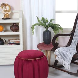 Shadowkart Maroon Round Velvet Wooden Ottomans-image-15