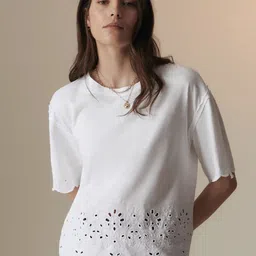 Marks & Spencer Self Design Broderie Pure Cotton T-shirt-image-60