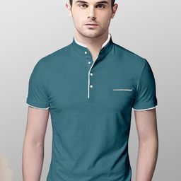 AUSK Men Teal Mandarin Collar T-shirt-image-4