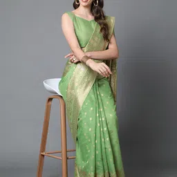 Mitera Green Silk Blend Ethnic Motifs Woven Designed Banarasi Saree-49