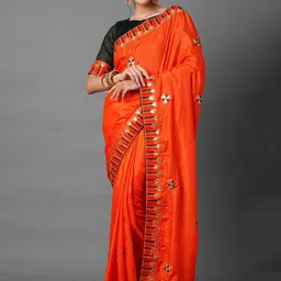 Mitera Orange & Black Floral Embroidered Silk Blend Saree-image-72