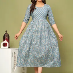 NITVAN Ethnic Motifs Printed Round Neck Three-Quarter Sleeves Anarkali Cotton Kurta-picture-16