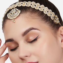 Zaveri Pearls Gold-Plated White Kundan-Studded & Pearl Beaded Matha Patti-image-88