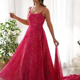 Fusionic Bandhani Printed Silk Anarkali Kurta With trouser & Dupatta image 3