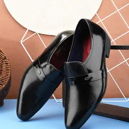 pelle albero Men Leather Textured Formal Slip On Heel Shoes-image-7
