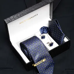 MUTAQINOTI Men Blue Printed Silk Formal Tie Cufflinks and Pocket Square Accessory Gift Set-23