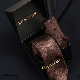LOUIS STITCH Men Van Dyke Brown Italian Silk Necktie Accessory Gift Set-image-73