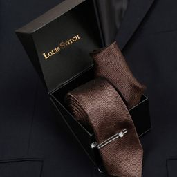 LOUIS STITCH Men Van Dyke Brown Italian Silk Necktie Accessory Gift Set-image-72
