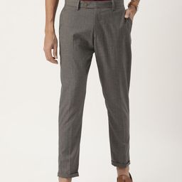 Peter England Men Grey Striped Carrot Fit Trousers-image-92