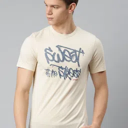 Alcis Men Beige & Navy Blue Typography Printed Slim Fit Training or Gym T-shirt-4