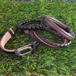 RICH AND FAMOUS Men Set Of 4 Black & Brown Leather Wraparound Bracelet-16