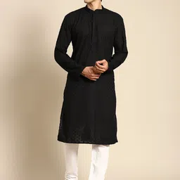 RAJUBHAI HARGOVINDAS Men Black Cotton Embroidered Chikankari Kurta-image-26