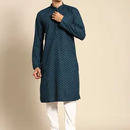 RAJUBHAI HARGOVINDAS Men Teal Green Cotton Embroidered Chikankari Kurta-image-90