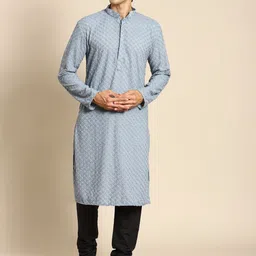 RAJUBHAI HARGOVINDAS Men Blue with a tinge of Grey Cotton Embroidered Chikankari Kurta-picture-55