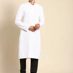 RAJUBHAI HARGOVINDAS Men White Cotton Embroidered Chikankari Kurta-image-88