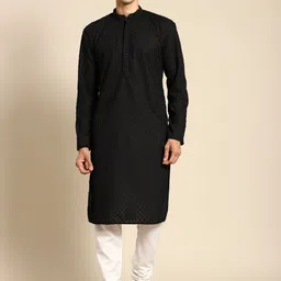 RAJUBHAI HARGOVINDAS Men Black Cotton Embroidered Chikankari Kurta-picture-13