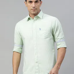 u.s. polo assn. U. S. Polo Assn. Men Green Solid Pure Cotton Tailored Fit Casual Shirt-picture-9