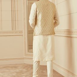 Tasva Men Cream Coloured Woven Design Nehru Jacket with Metallic Buttons image 4
