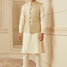 Tasva Men Cream Coloured Woven Design Nehru Jacket with Metallic Buttons image 3