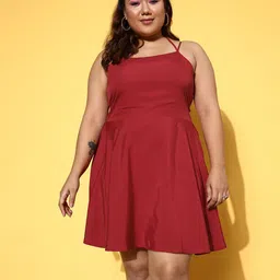 Berrylush Curve Plus Size Red Crepe Solid Fit & Flare Dress-12